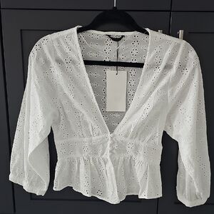 Zara White Eyelet V-Neck Blouse